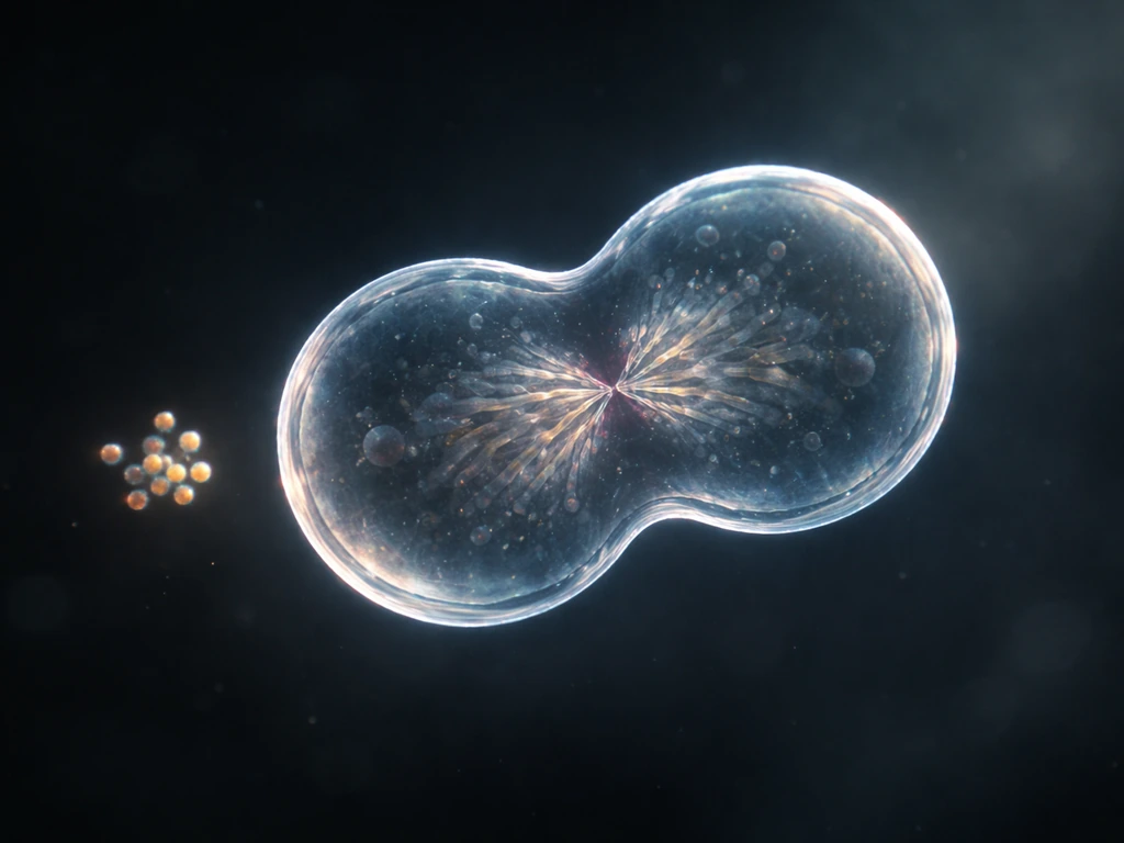 Close-up macro view of an abstract, realistic cell dividing with a small cluster of nutrients nearby