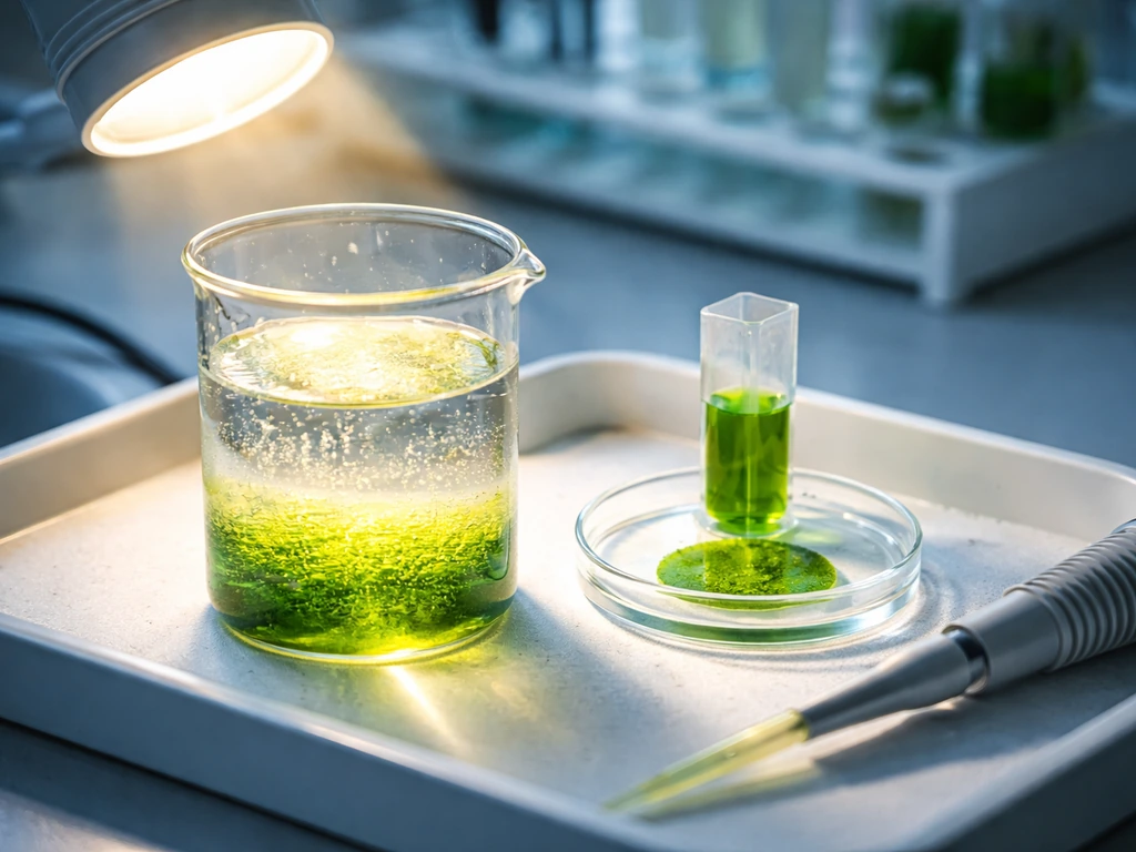 Light shining through seawater sample with lab pipette and cuvette for photosynthesis