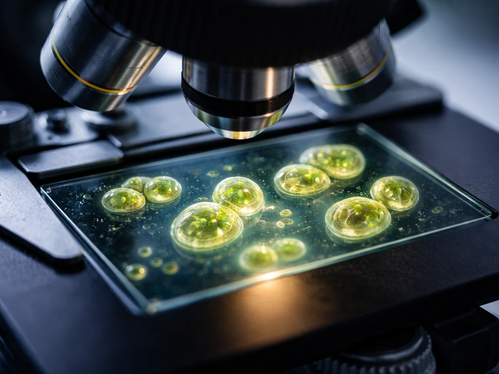 Microscope view of phytoplankton cells on a slide suggesting cell division