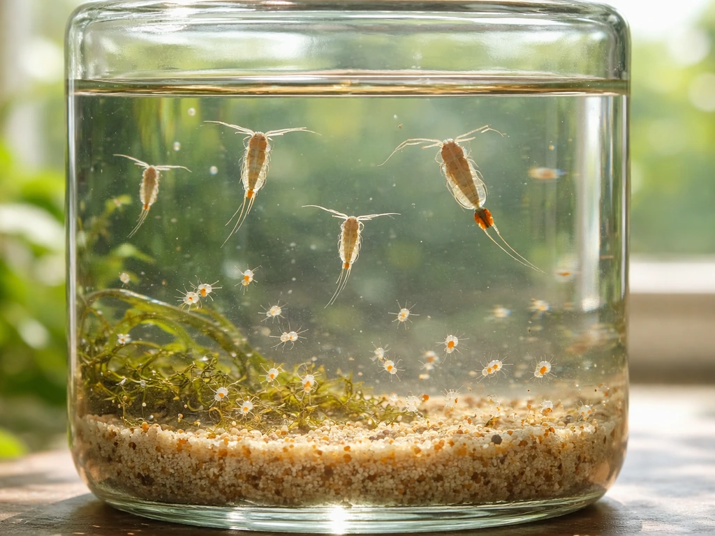 Juvenile and larger zooplankton forms visible together in an observation jar