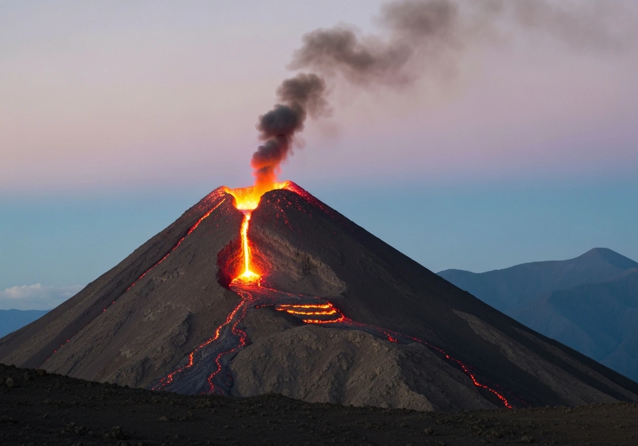 Volcano with glowing magma rising through a dark conduit and fresh lava piling on upper slopes at dusk.