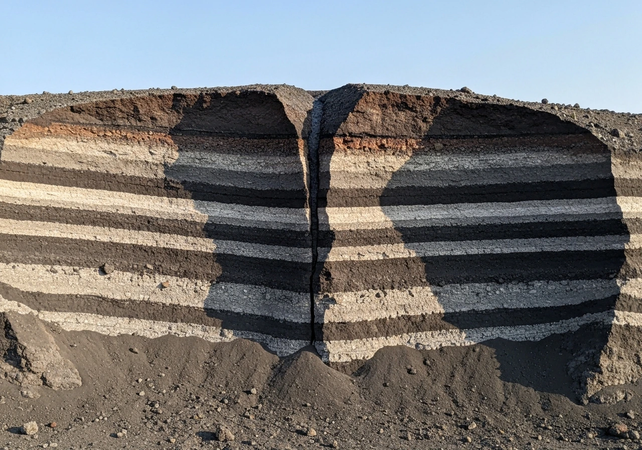 Cross-section of a volcano with layered lava flows and tephra building the edifice over time.