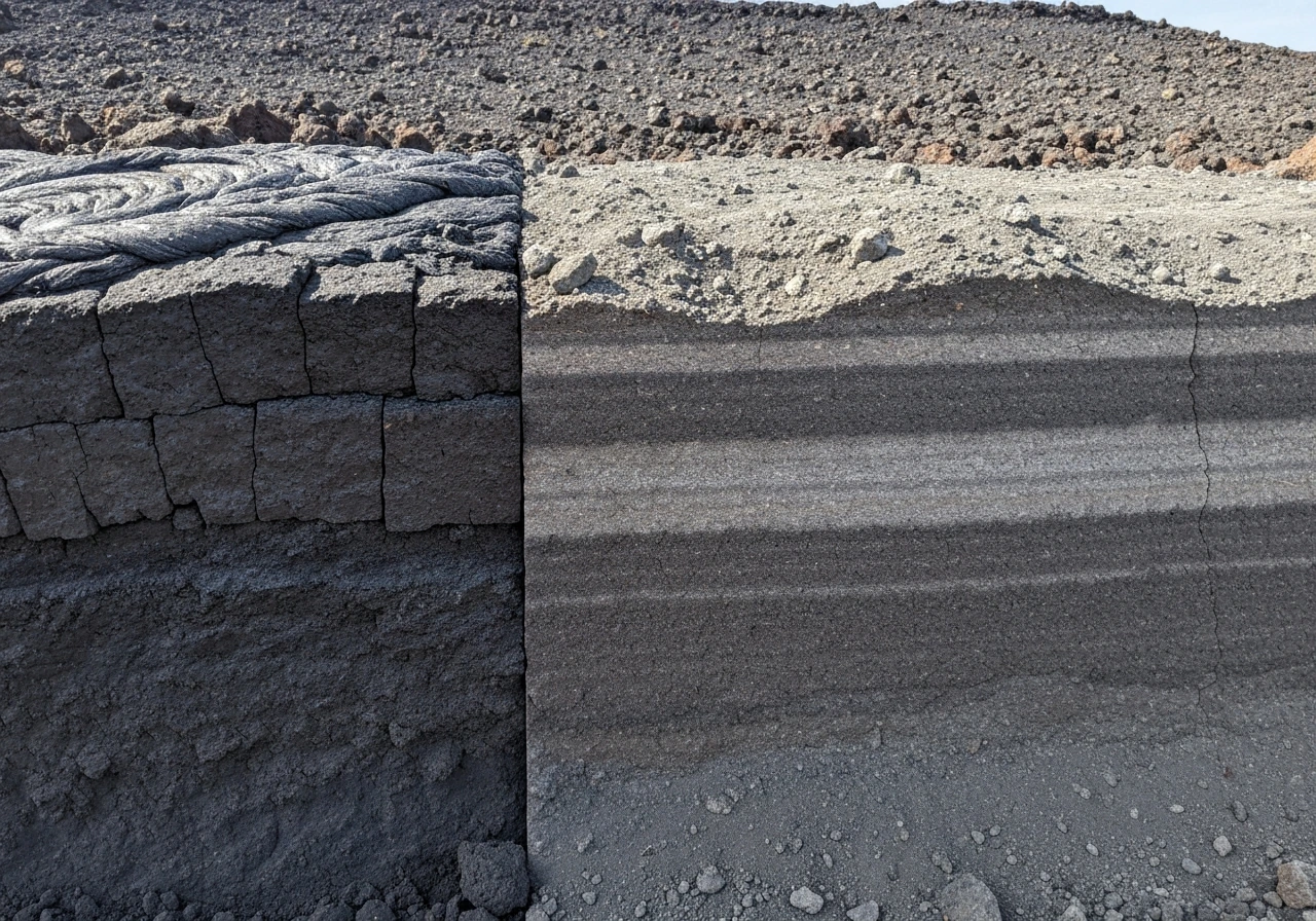 Side-by-side volcanic layers showing stacked lava, pyroclastic deposits, and ash building up a structure.