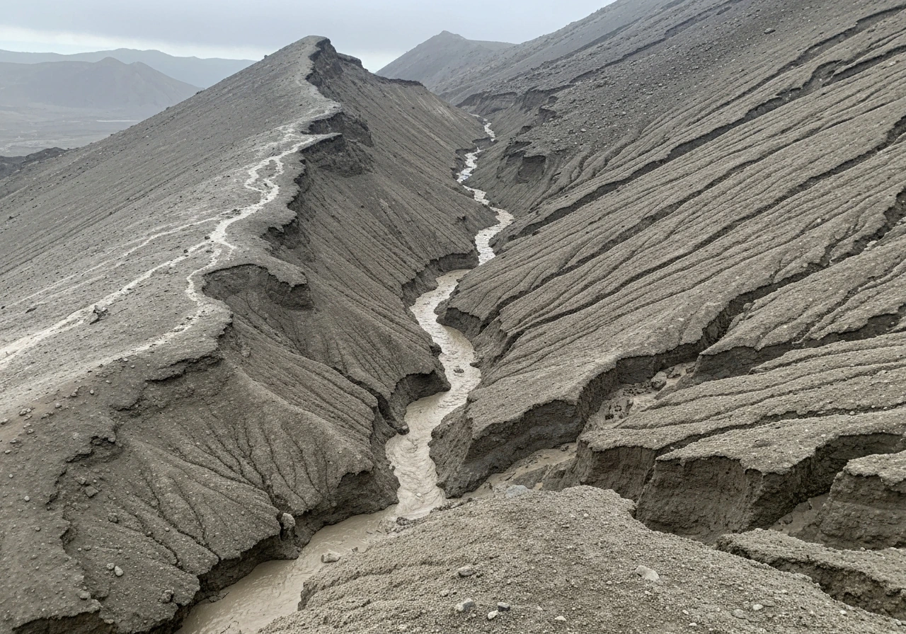 Eroding volcano flank with wet ash and muddy gullies where rain and runoff wash away loose material.