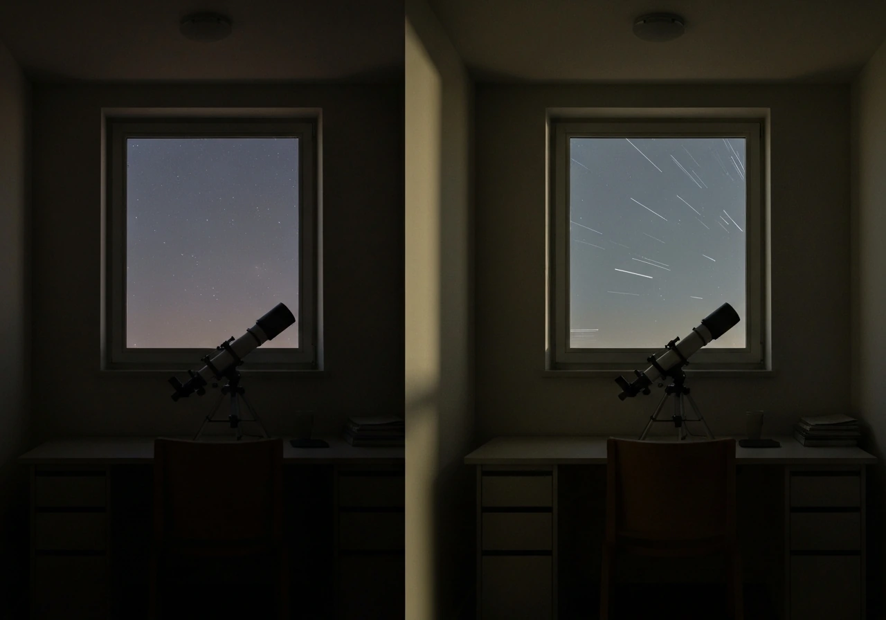 Minimal photo of a dim desk with a glowing window view suggesting distant space, split by a soft shadow