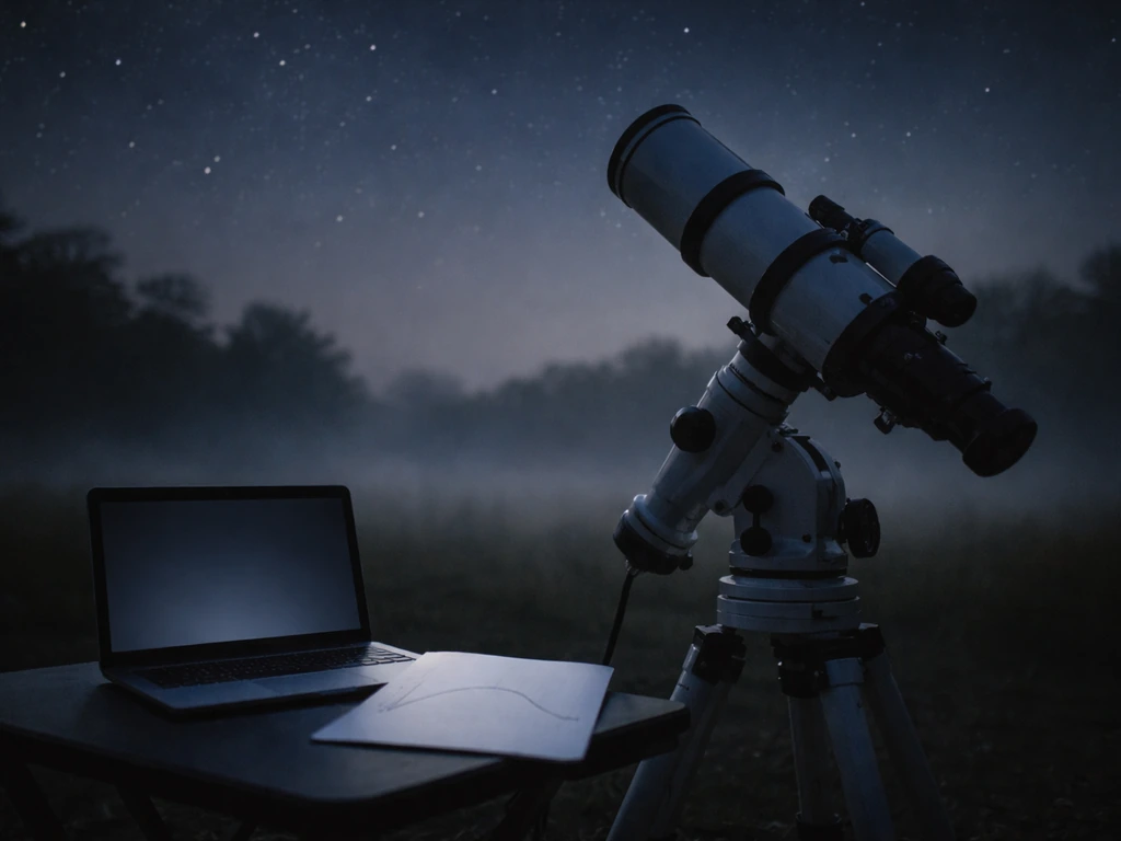 Night observatory with one telescope and a laptop beside an unlabeled light-curve printout.