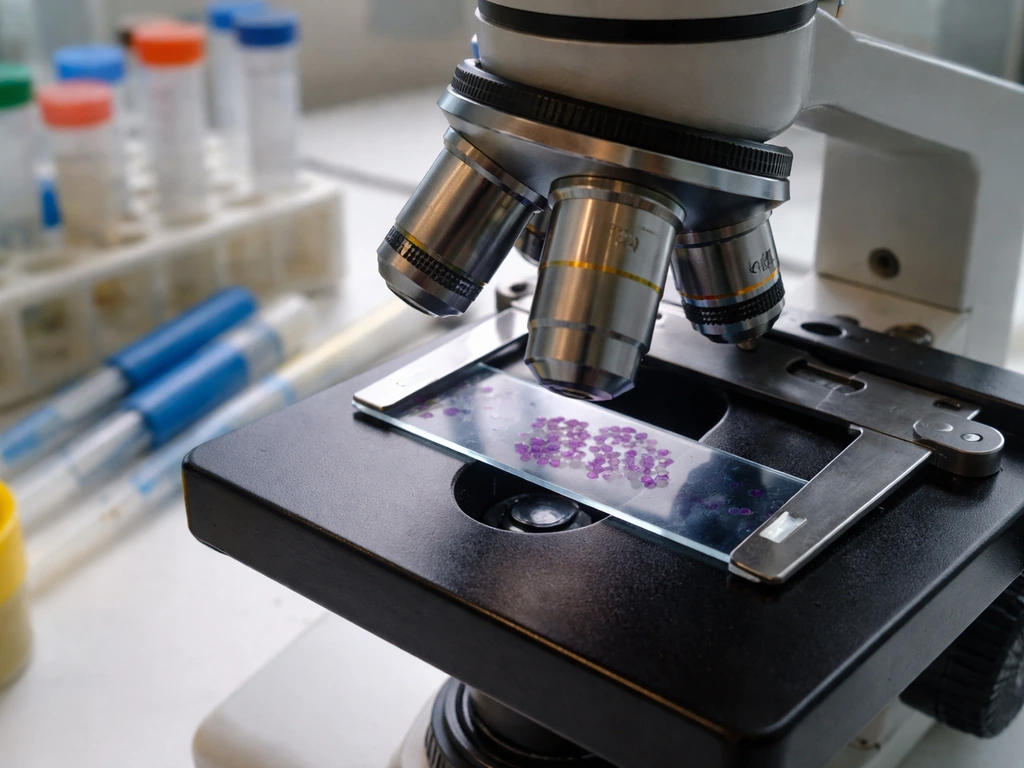 Microscope slide showing dividing cells with lab tools nearby