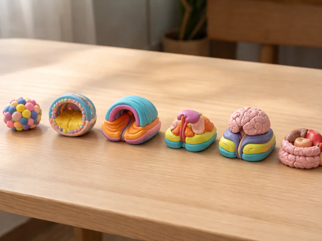 Clay model sequence representing embryo stages forming tissues and organs