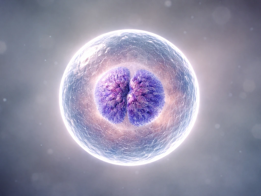 Photorealistic single eukaryotic cell in late pre-mitosis with visible nucleus and slightly denser cytoplasm.