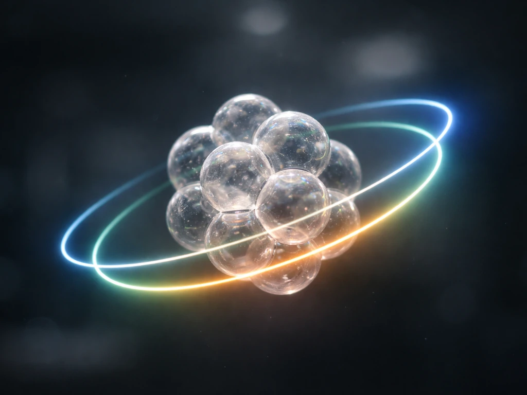 Close-up of colorful cell-like spheres beside a softly lit schematic of the cell cycle phases.