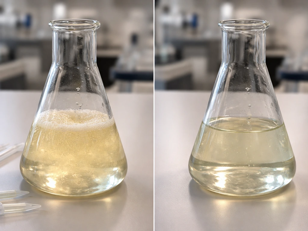 Split view of two simple cell culture flasks: one nutrient-rich and one nutrient-limited, growth stalled.