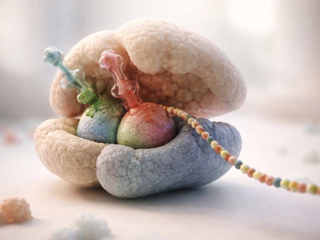 3D cutaway of a ribosome showing A, P, and E sites and an elongating polypeptide exiting the tunnel.