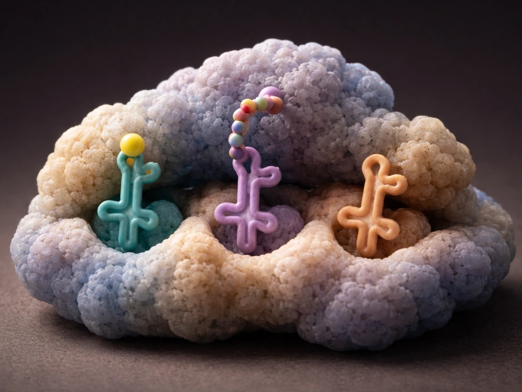Macro photo of a ribosome-like model with three tRNA-like molecules docked at three positions in a simple setup.