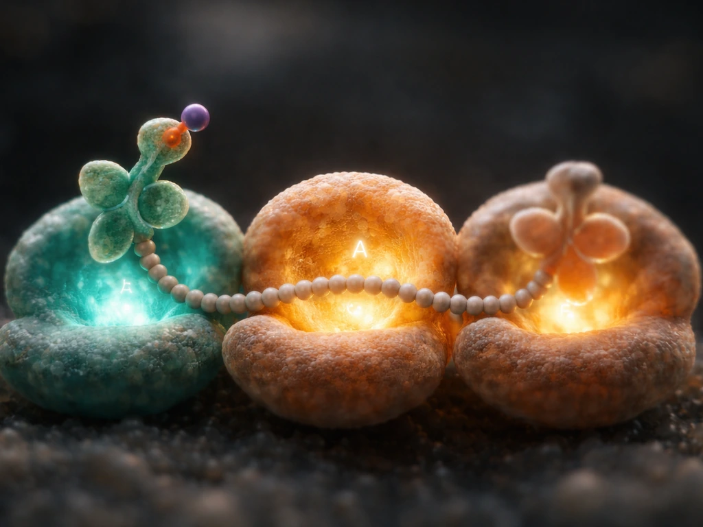 Macro view of an anonymous ribosome-like setup with tRNA shifting one position and one amino acid added.