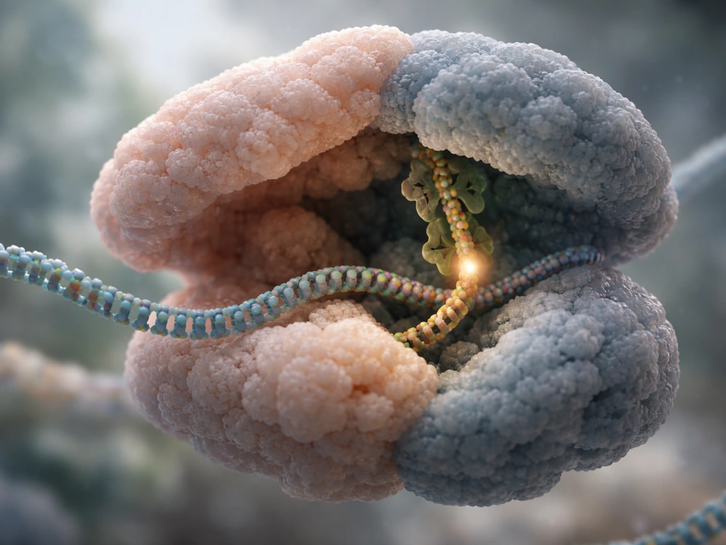 Microscopic ribosome view where mRNA threads through and the polypeptide is tethered to P-site tRNA.