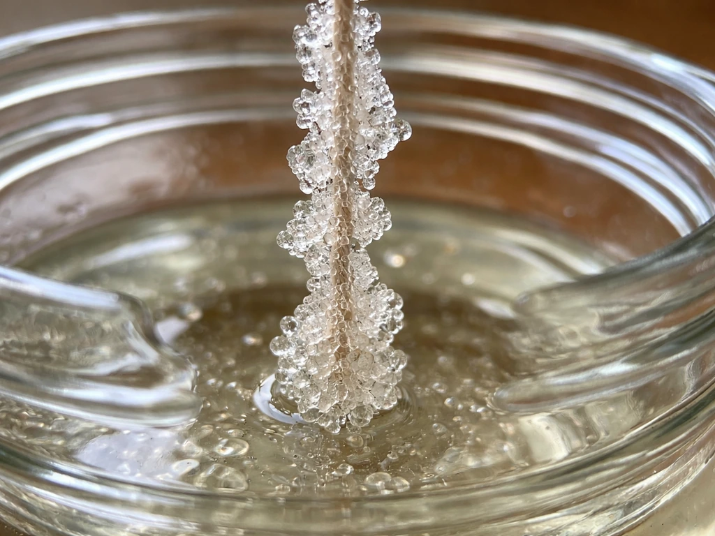 Close-up of sugar crystals rapidly forming on a string inside a clear jar under bright natural light.