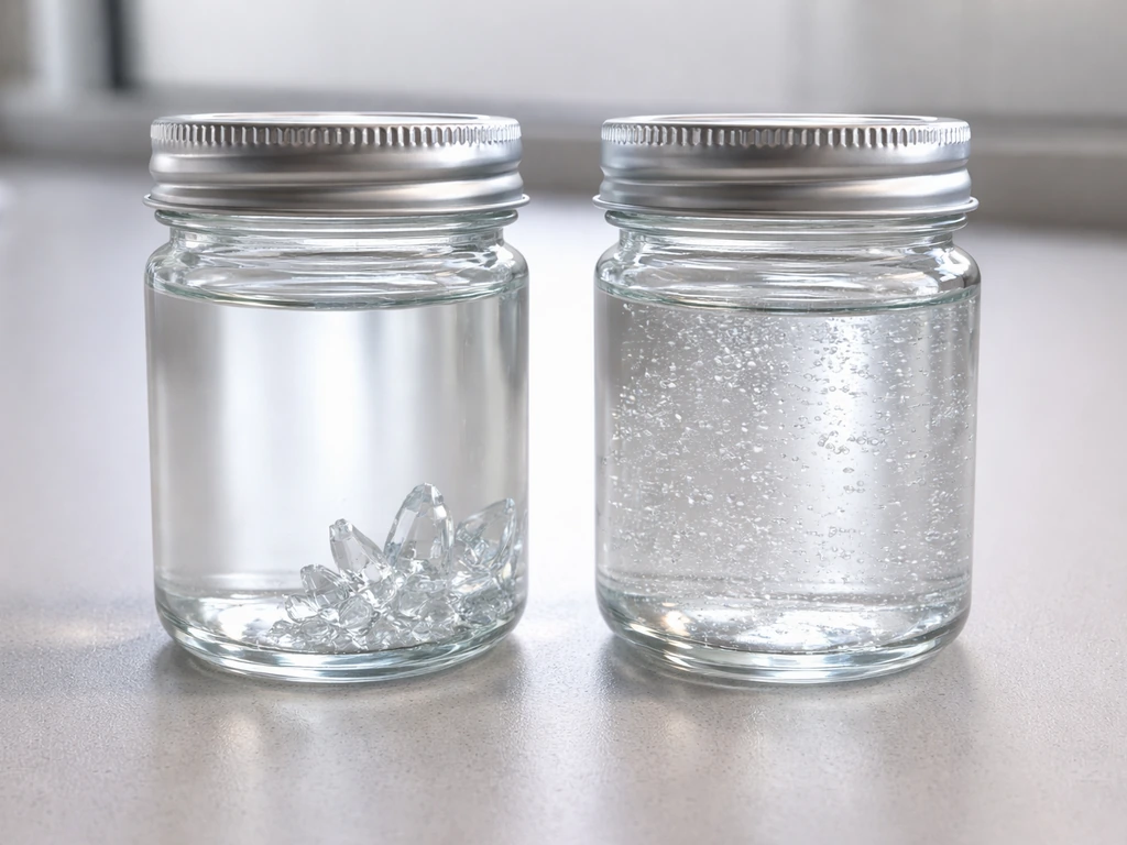 Two jars: left has one seed crystal and larger crystals; right lacks a seed and shows many tiny crystals.