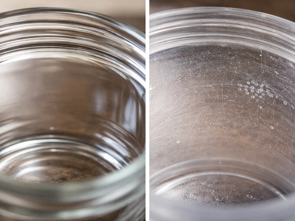 Closeup of smooth glass jar interior beside a scratched plastic surface showing potential nucleation defects