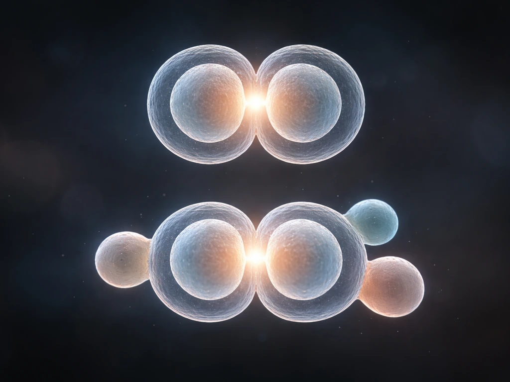 Cutaway view of one cell dividing into two daughter cells, with early differentiation into distinct cell shapes.