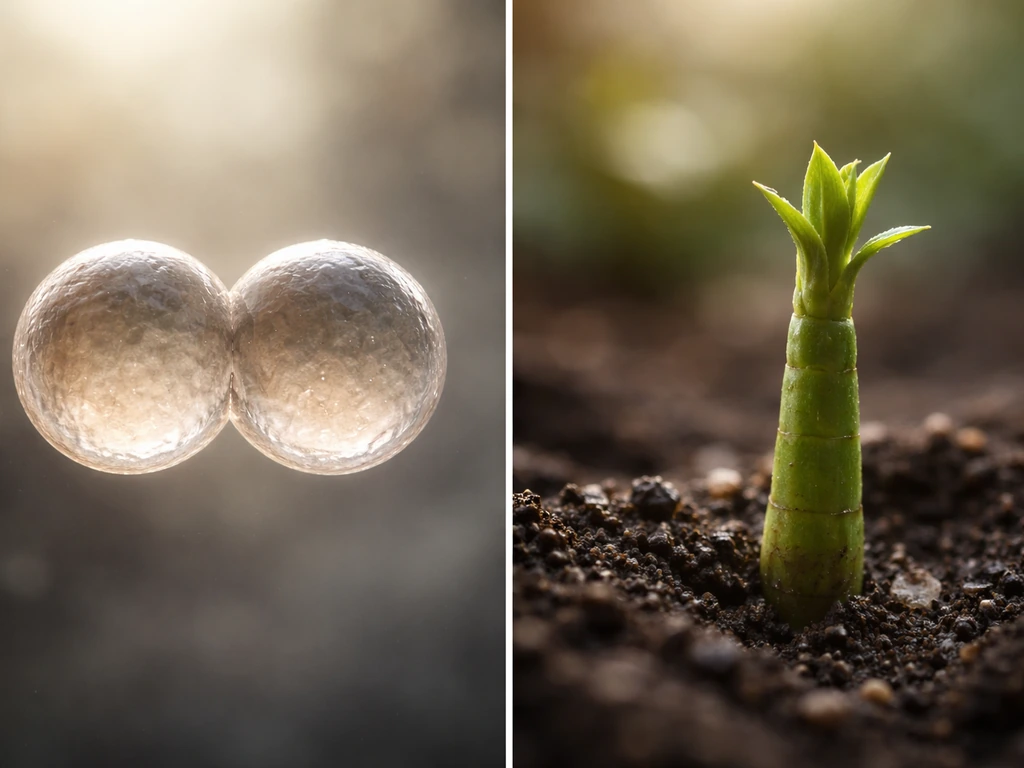 Split view of a single cell dividing beside a plant stem with continuous meristem-like growth.