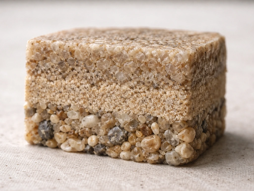 Minimal close-up of layered sand grains compacting as mineral cement fills gaps to form sedimentary rock.