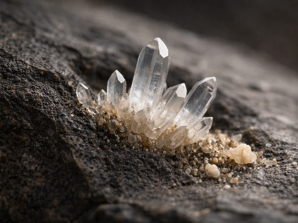 Split macro view of translucent quartz and surrounding mineral grains on a rocky surface