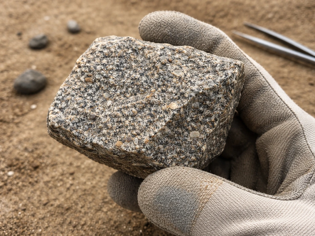 Close-up of a hand holding a rock beside a small field notebook and tweezers on a sandy outdoor surface.