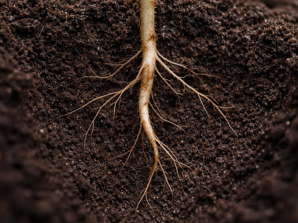 Close-up of a plant root pushing deeper into moist soil while thickening and spreading outward.