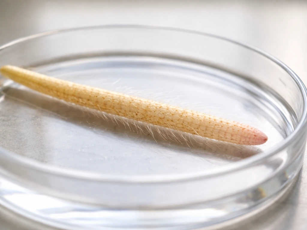 Macro root specimen in a lab dish showing distinct tip-to-base zones with texture differences.