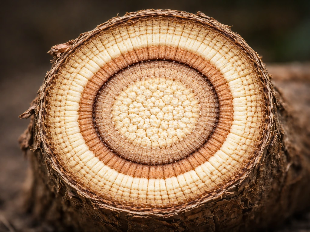 Macro cross-section of a mature root showing vascular cambium and new xylem/phloem layers increasing thickness.