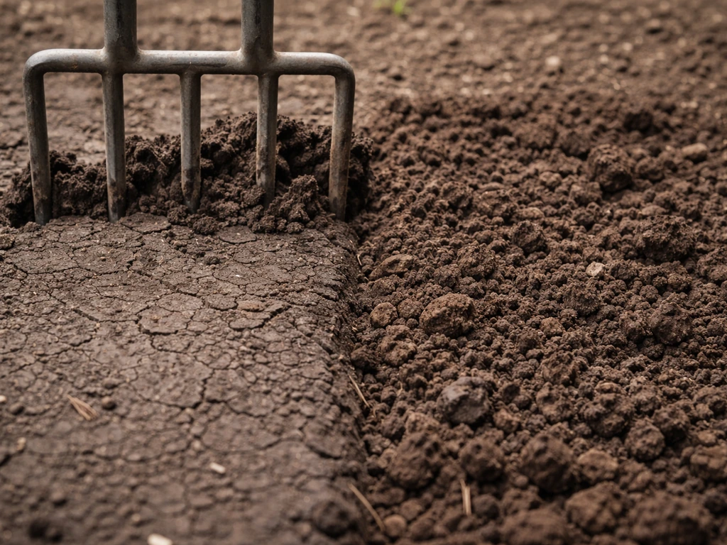 Close-up of a broadfork loosening compacted dark soil into a more aerated, crumbly bed
