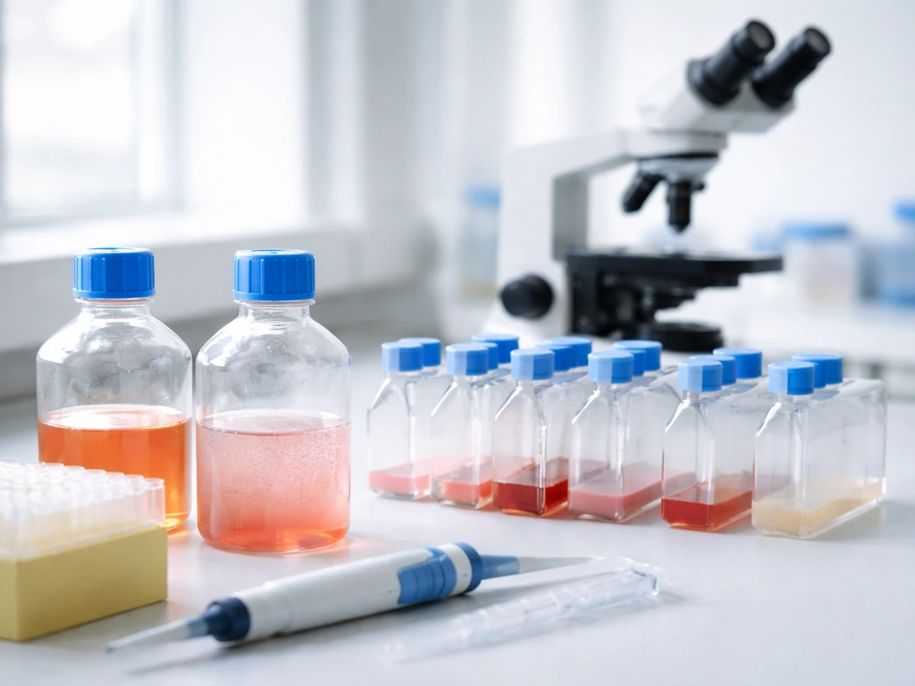 Researcher’s lab bench with sterile flasks, pipettes, and a nearby microscope during cell culture scaling work.
