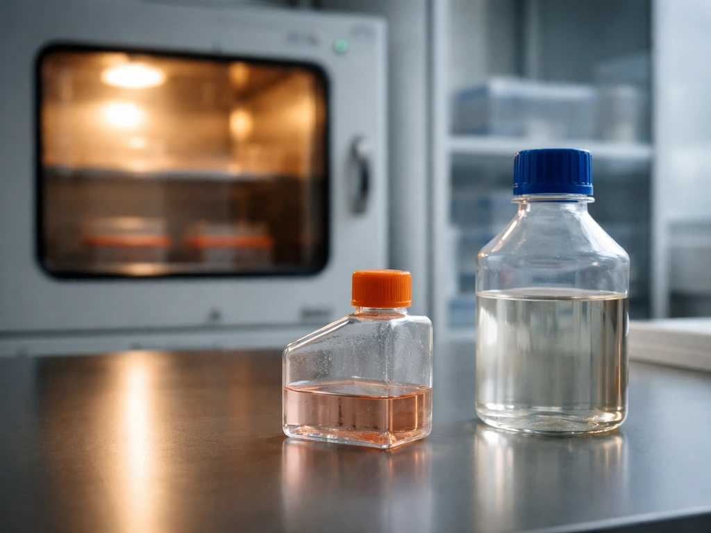Mammalian cell culture workflow: a sterile beaker with warmed medium beside an incubator with glowing indicator lights.