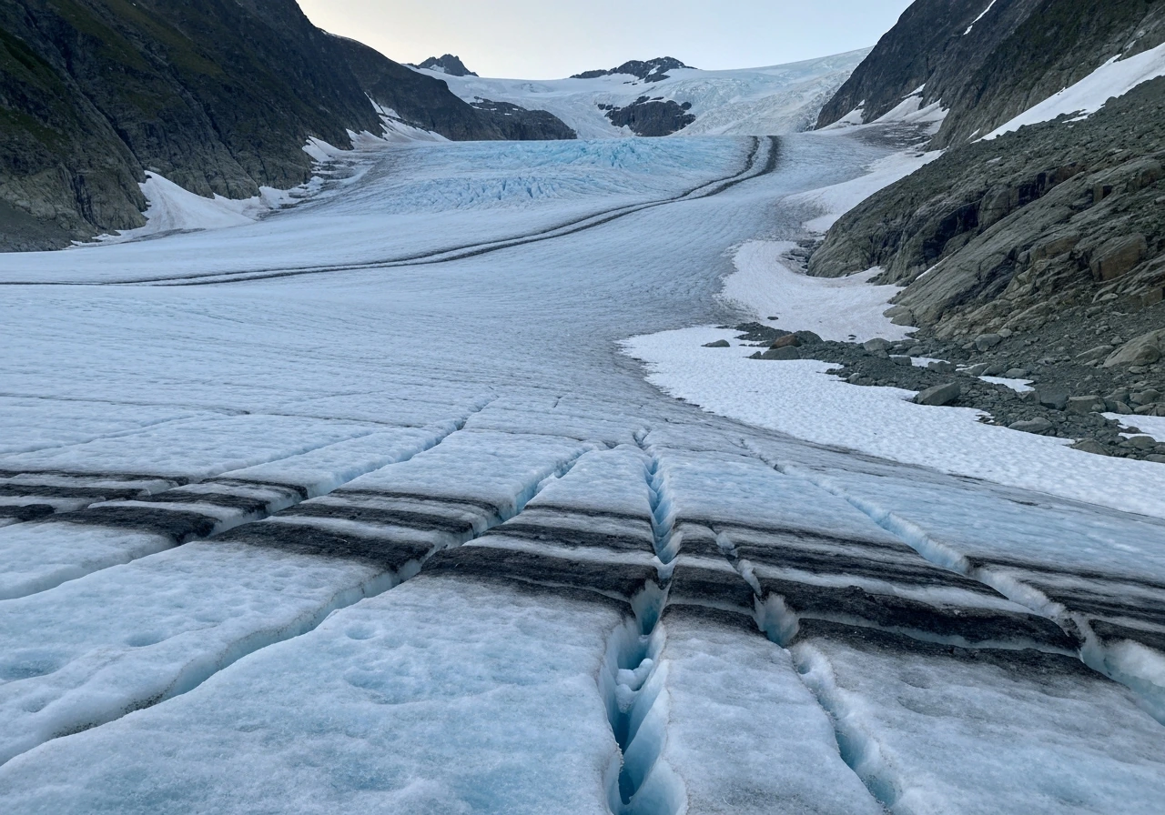 Dramatic alpine glacier with contrasting clean and dirty ice bands, showing slow flow toward a rocky terminus.