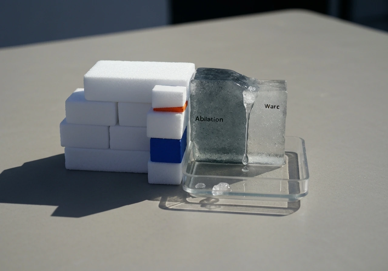 Minimal tabletop model showing glacier accumulation vs melt loss with small meltwater dripping.