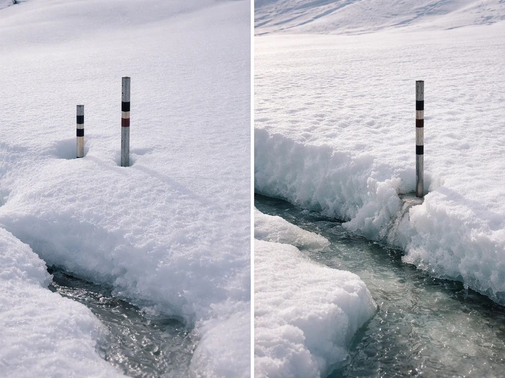 Glacier stakes side-by-side showing snow buildup on one side and surface lowering from melting on the other.