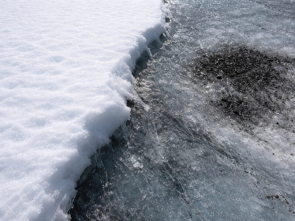 Bright fresh snow transitioning to darker exposed glacier ice, showing higher absorption where it melts