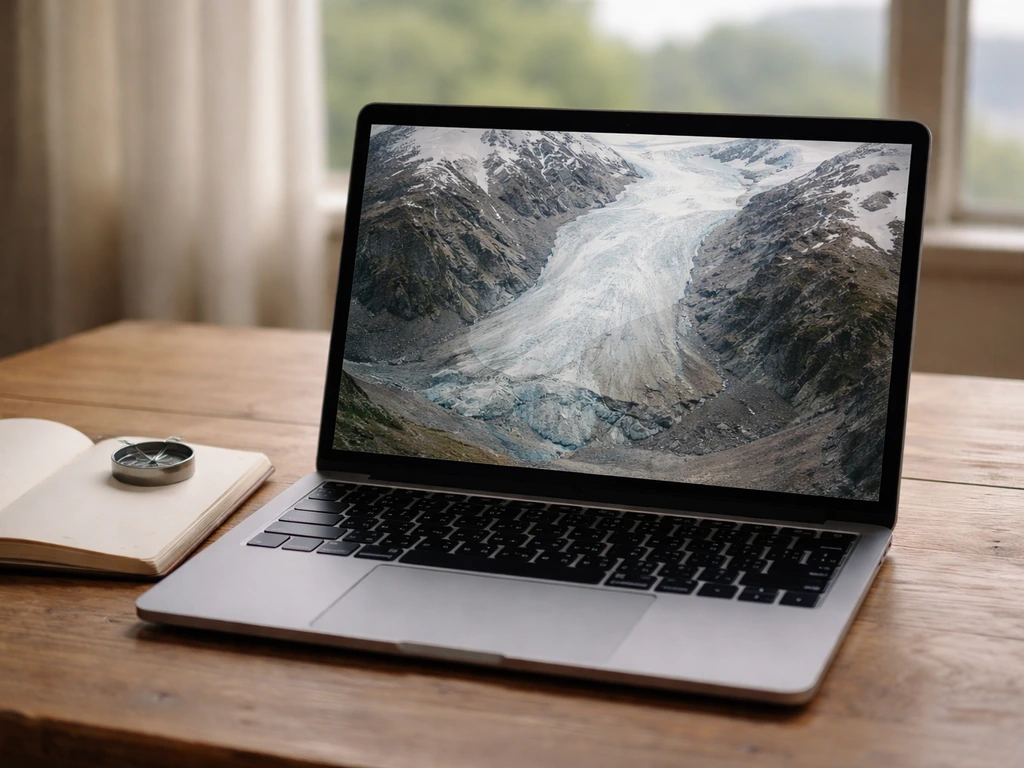 Minimal desk scene with laptop showing two year glacier terminus views and blank field notes.