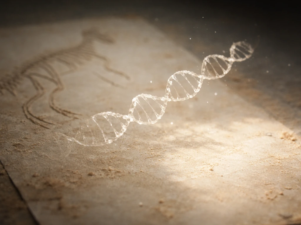 Fragmented DNA strands over aged parchment and a faint fossil silhouette, conveying ancient DNA challenges.