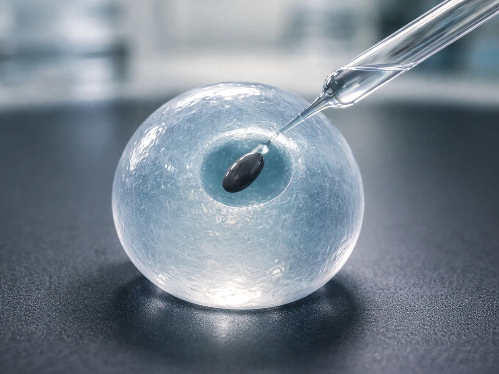 Close-up of an egg cell-like biological model with a donor nucleus being injected into its center