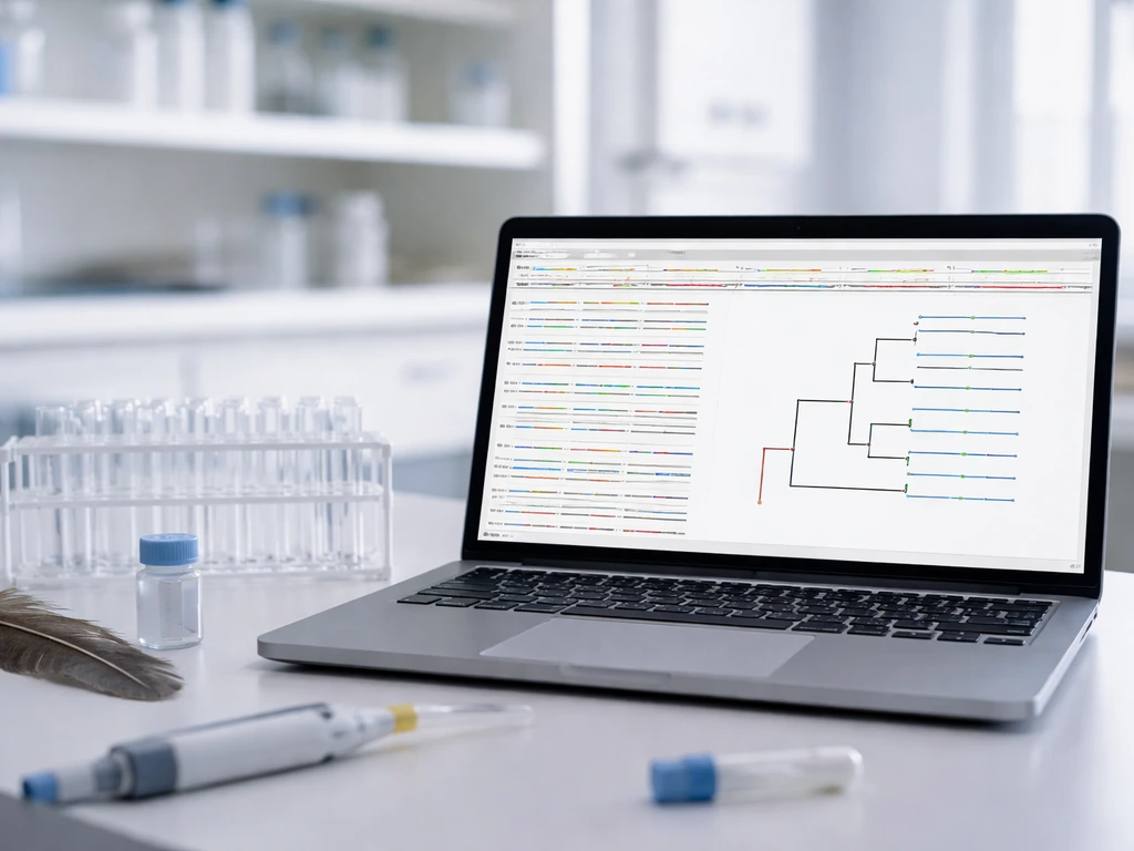 Minimal biology lab bench with laptop showing abstract genomics alignment and tree-like structure without text.