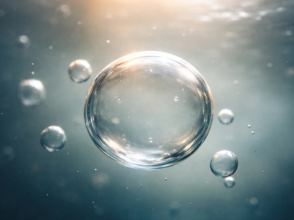 Realistic macro photo of a floating membrane-like bubble with a few soft bubbles and light beams suggesting constraints