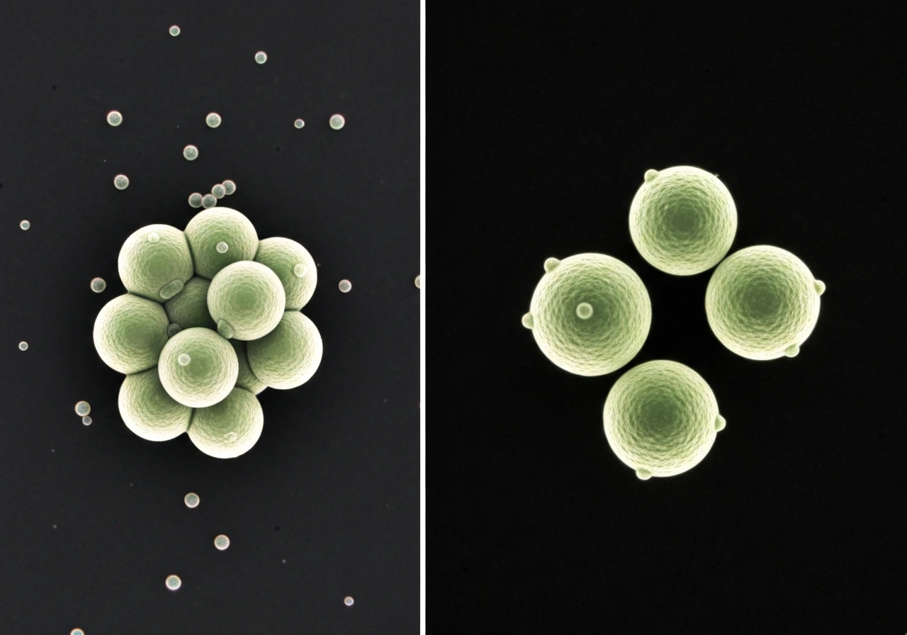 Macro view of two side-by-side cell growth modes: many small cells splitting and larger cells expanding.