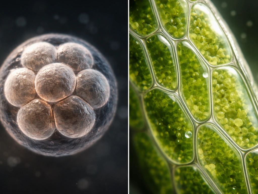 Two minimal microscope views: early animal embryo cleavage and plant tissue cell enlargement in separate halves.