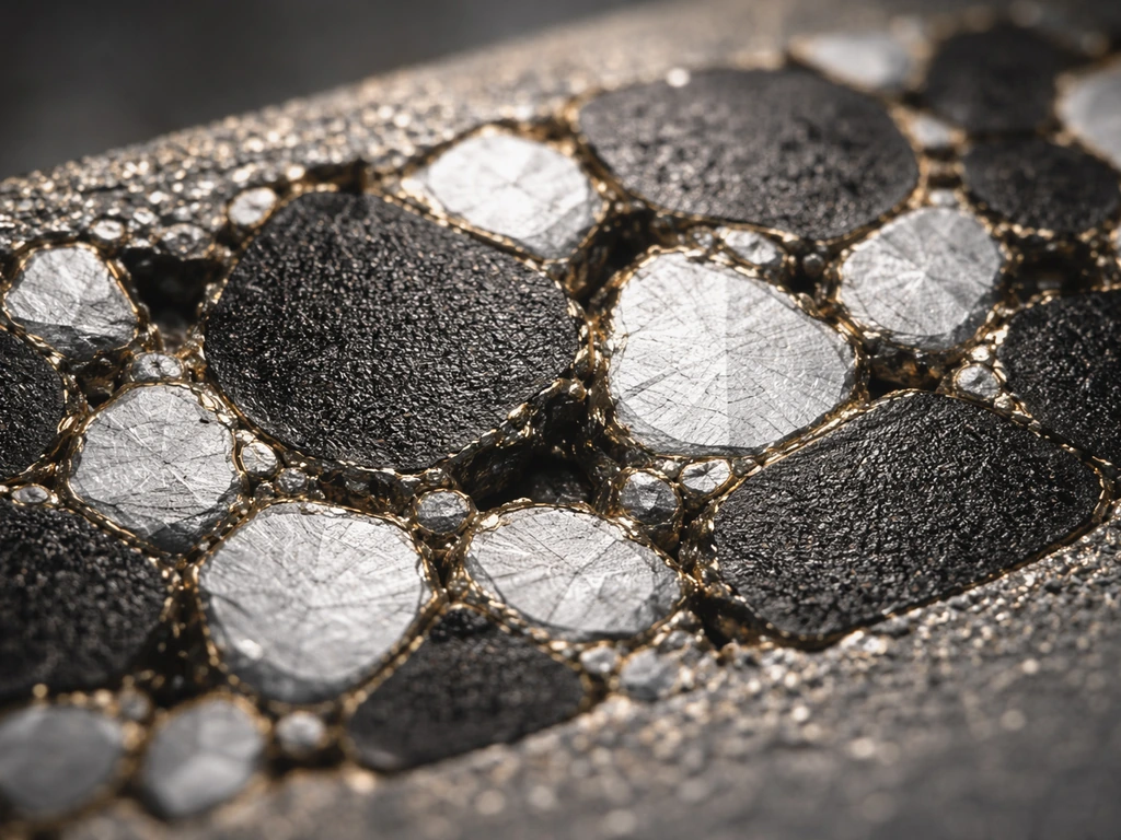 Macro view of cermet microstructure showing grain growth and bright rim boundaries during sintering.