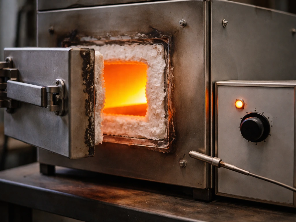 Industrial sintering furnace with a glowing heat source and a temperature control knob beside it.
