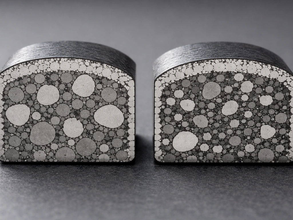 Polished side-by-side cross-sections of a cermet showing different rim/core phase distributions.