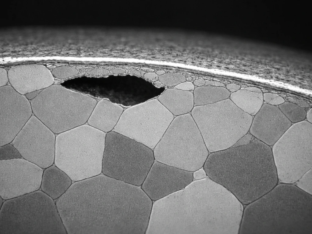 Polished Ti(C,N) cross-section SEM-like view showing core-rim contrast with oxide-scale passivation and a void.
