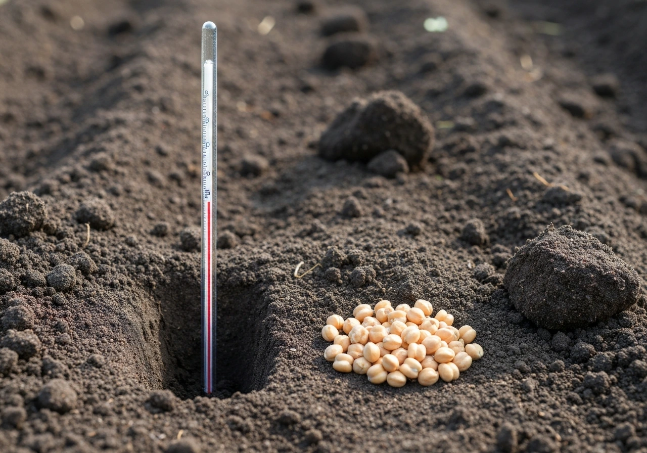 Soil thermometer inserted at seeding depth beside pulse seeds in a prepared garden bed