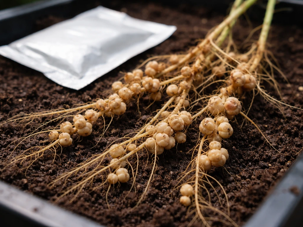 Macro view of pulse roots with visible Rhizobium nodules beside a small inoculation packet container